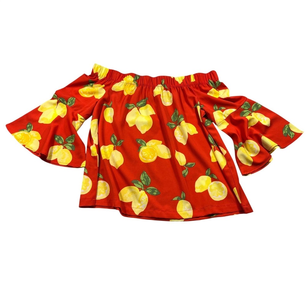 Mud Pie Womens S Lemon Print Off Shoulder Dress Bell Sleeve Italian Summer